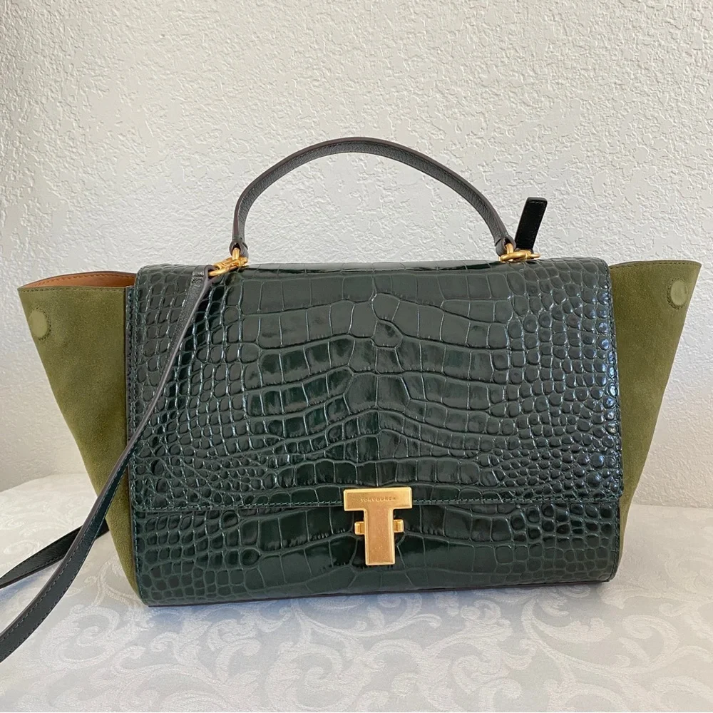 Tory Burch deep green croc 2 way bag